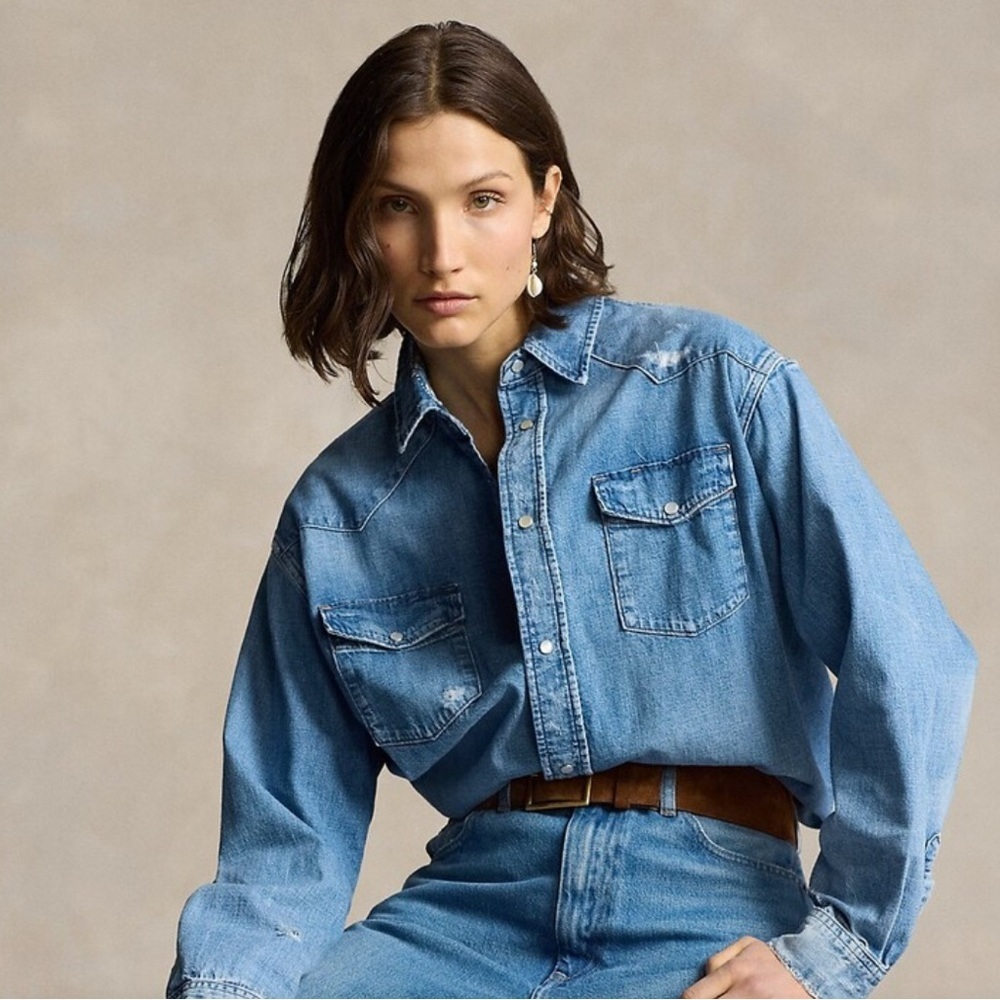 Polo Ralph Lauren Denim Western Shirt Pearl Snap Button Up Top Shirt Women’s XL